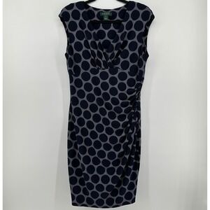 Lauren Ralph Lauren Navy Blue White Polka Dot Ruched Sheath Wrap Dress 12 Retro